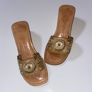 Beaded/floral embroidered wedge sandal